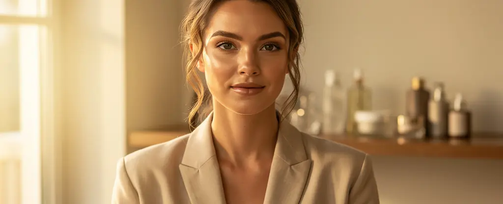 Elegant woman with natural beauty in a warm minimalist interior, soft golden natural light coming from a window, serene expression, glowing skin, neutral beige and cream tones, spa-inspired atmosphere, glass skincare bottles in background, editorial lifestyle photography, high resolution, shallow depth of field
