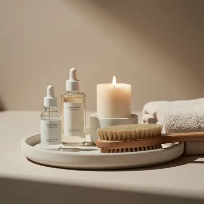 Minimal skincare and spa essentials on a tray: serum, body oil, candle, brush, folded towel, warm soft light, neutral tones, elegant calm luxury aesthetic, editorial still life photography, high resolution
