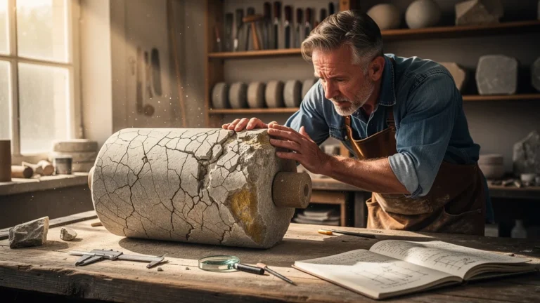 Rouleau en pierre fissurée avec artisan préoccupé dans un atelier, illustration de l'erreur d'achat