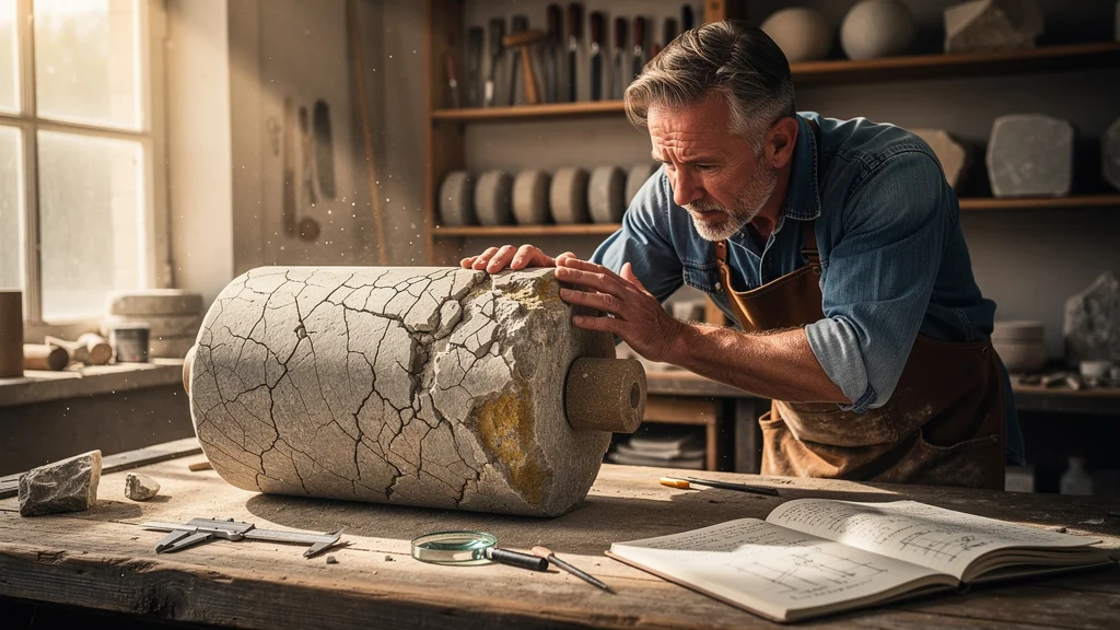 Rouleau en pierre fissurée avec artisan préoccupé dans un atelier, illustration de l'erreur d'achat