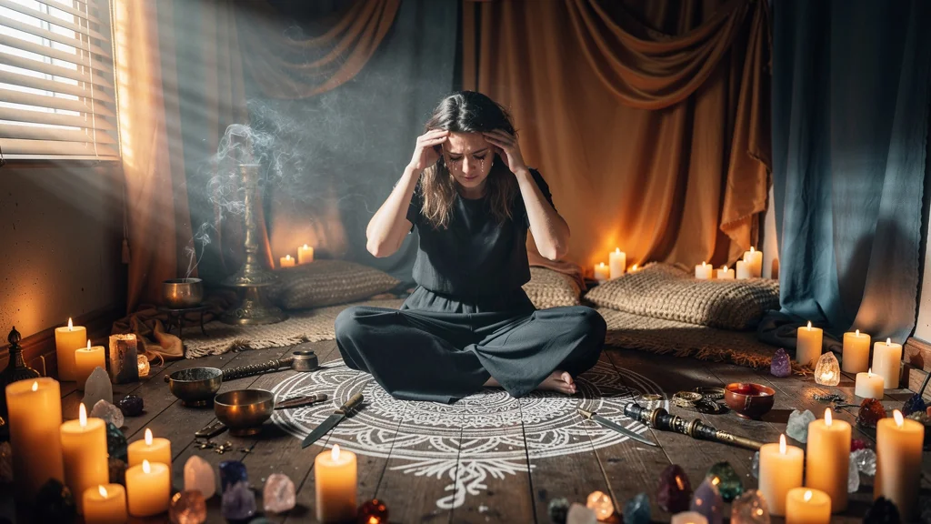Femme épuisée par la surcharge sensorielle lors d’un rituel trop long, ambiance intense et lumineuse