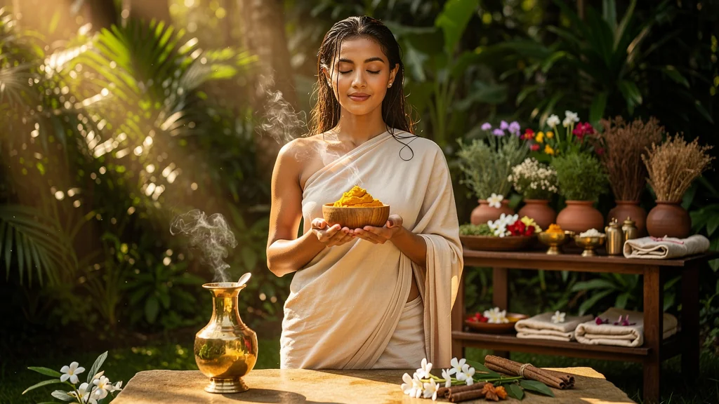 Femme rayonnante pratiquant un rituel ayurvédique, peau lumineuse et hydratée en plein air