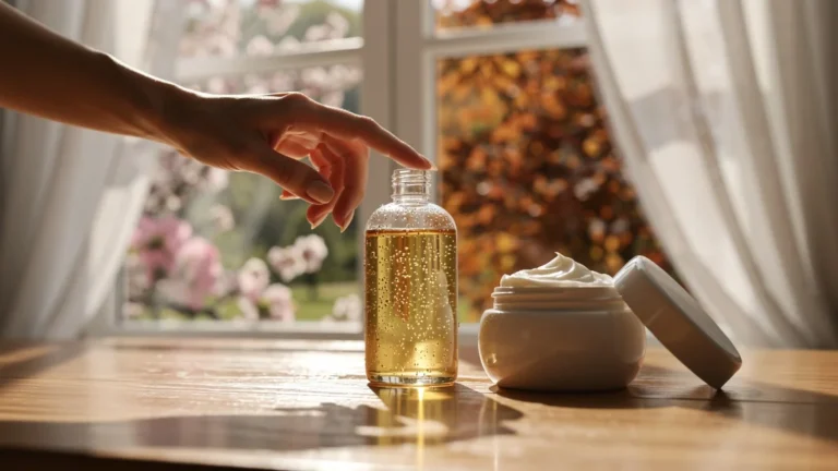 Comparaison hyper-réaliste d’huile pour le corps et crème classique au fil des saisons sur une coiffeuse