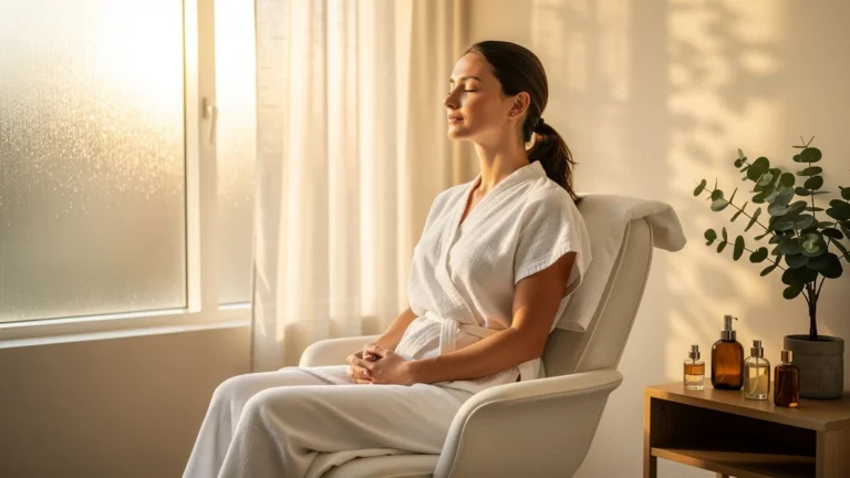 Femme pratiquant la respiration profonde avant soins, ambiance spa calme et lumineuse, bien-être naturel