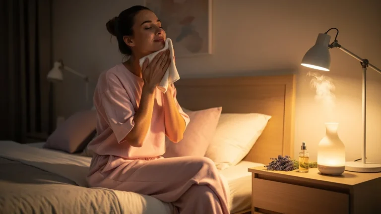 Femme appliquant un protocole avant-sommeil de dix minutes pour sécher la peau avant le sérum