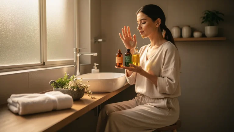 Femme appliquant un protocole ayurvédique matin et soir avec trois huiles différentes en 8K réaliste