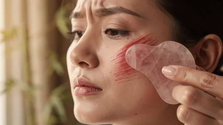 Gua sha visage avec rougeurs causées par une pression forte, micro-lésions invisibles visibles en détail