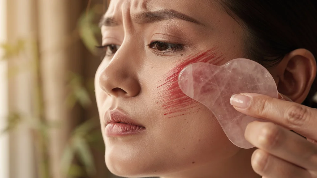 Gua sha visage avec rougeurs causées par une pression forte, micro-lésions invisibles visibles en détail
