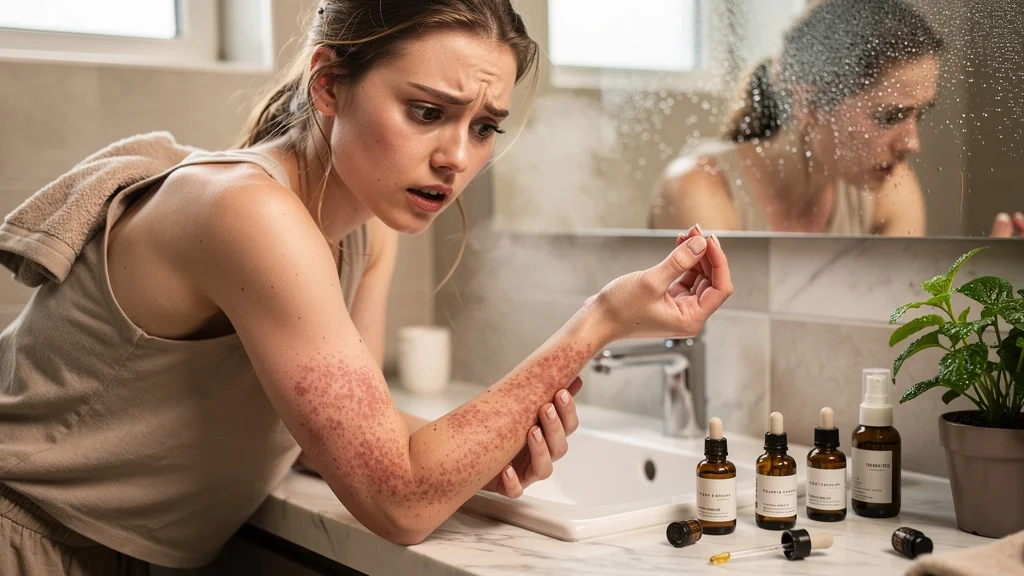 Jeune femme avec irritation cutanée après application d'huiles essentielles sans test préalable