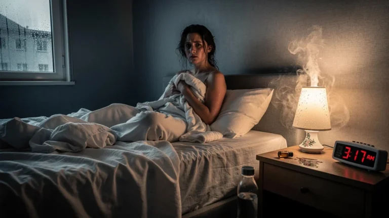 Femme épuisée dans une chambre saturée d’huiles essentielles causant une nuit blanche