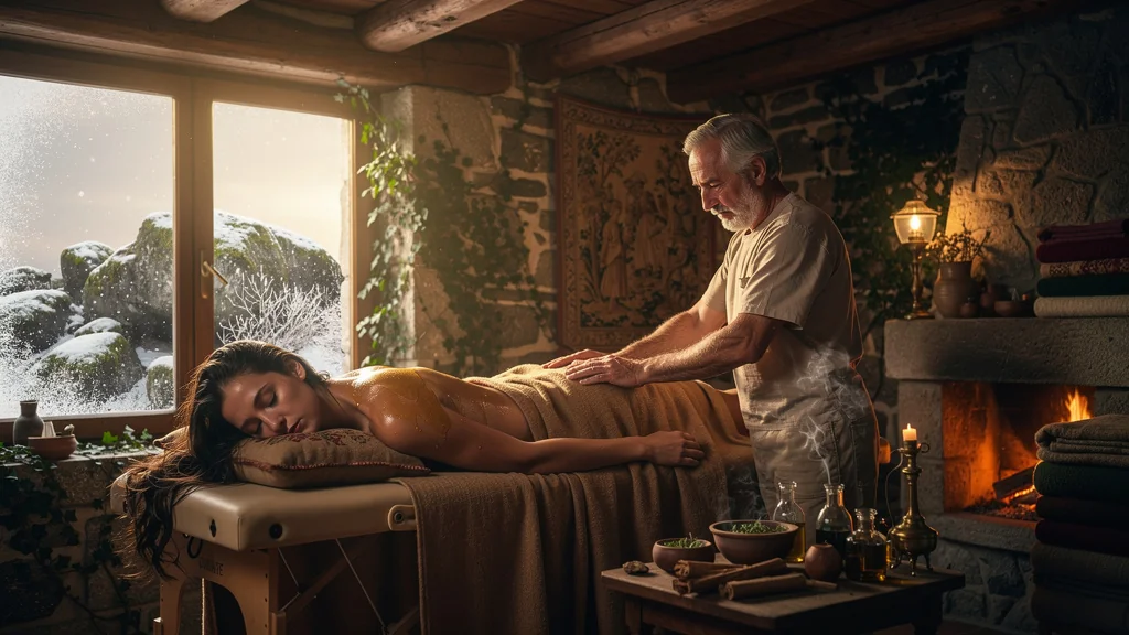 Femme recevant un massage abhyanga dans une maison bretonne en hiver, ambiance chaleureuse et apaisante