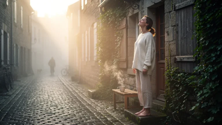 Femme appréciant le rituel matinal face à l'humidité douce et brumeuse de Rennes en automne