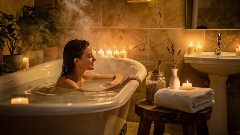 Salle de bain transformée en spa personnel le soir avec baignoire, bougies et ambiance chaleureuse