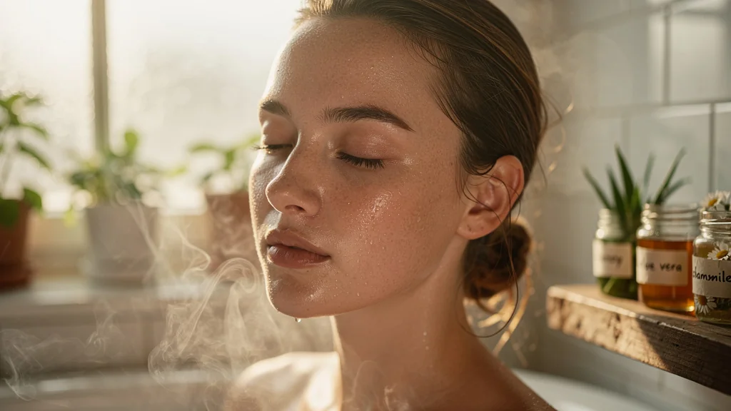 Jeune femme après trois mois de bains de vapeur visage entre hydratation et déshydratation