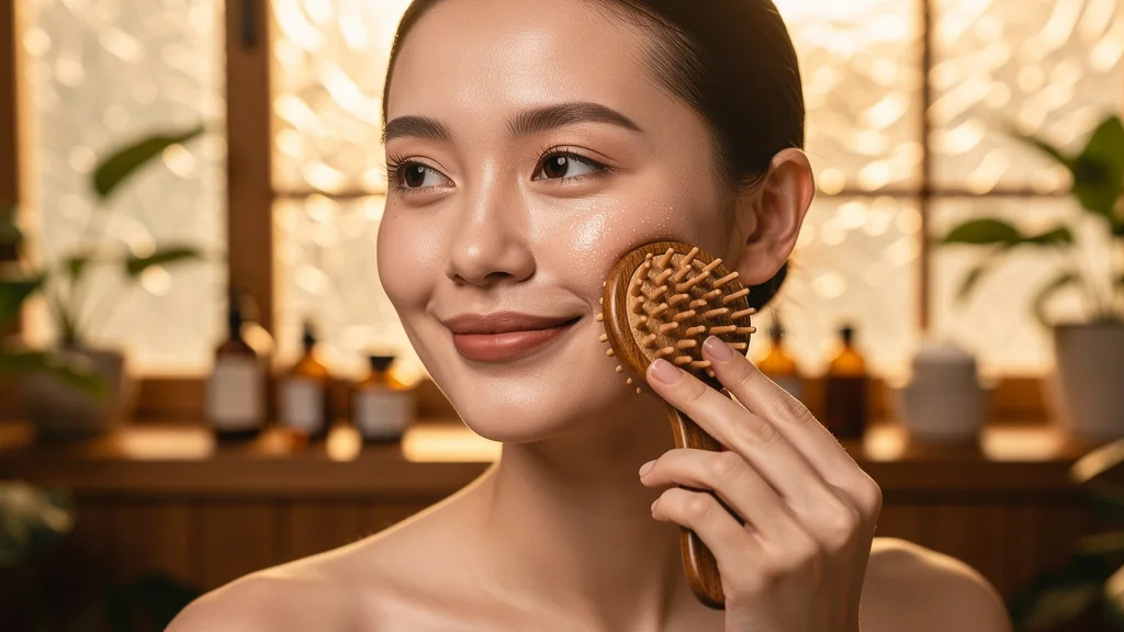 Femme avec peau sensible utilisant une brosse de massage visage en bois après six mois d'utilisation