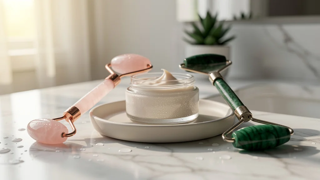 Comparaison ultra-réaliste de rouleaux en quartz rose et en jade pour soins du visage