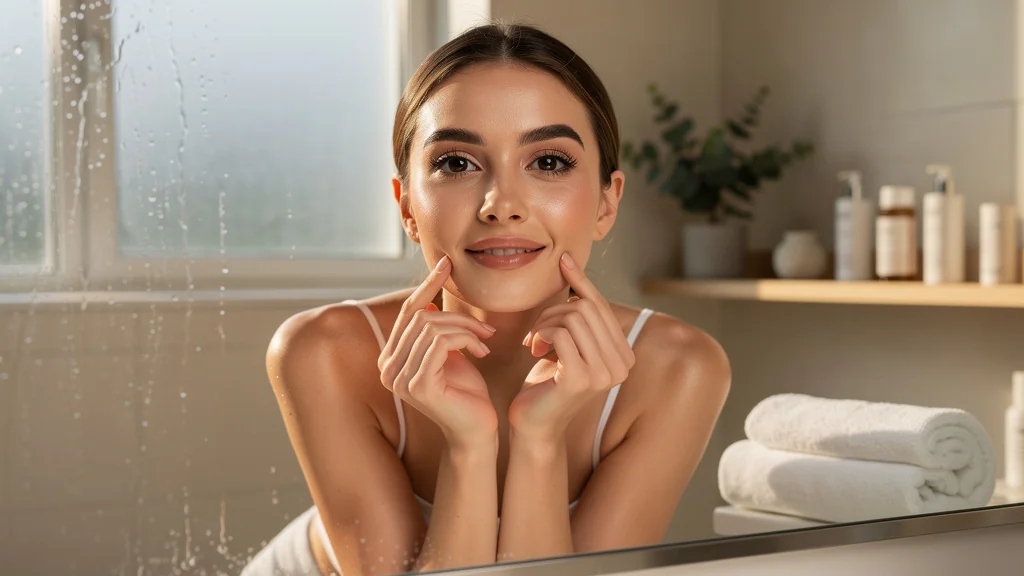 Femme découvrant les effets visibles de son premier automassage du visage, peau lumineuse et apaisée