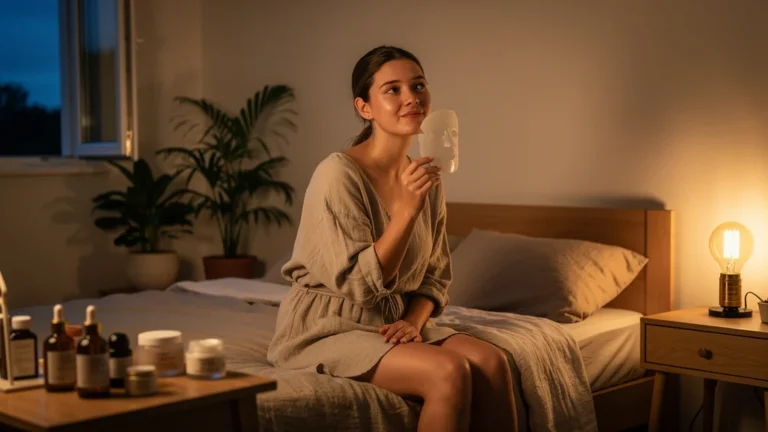 Jeune femme décidant d’arrêter les masques occlusifs chaque soir dans une chambre apaisante et lumineuse