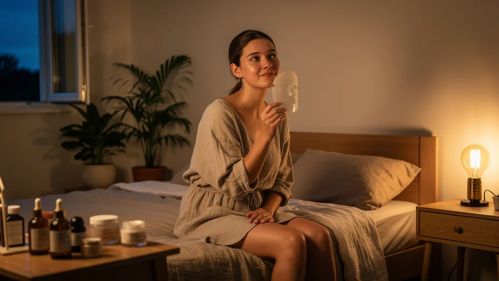 Jeune femme décidant d’arrêter les masques occlusifs chaque soir dans une chambre apaisante et lumineuse