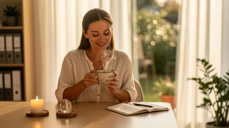 Femme sereine pratiquant un rituel simple de cinq minutes au lieu d’un protocole long, ambiance calme et lumineuse