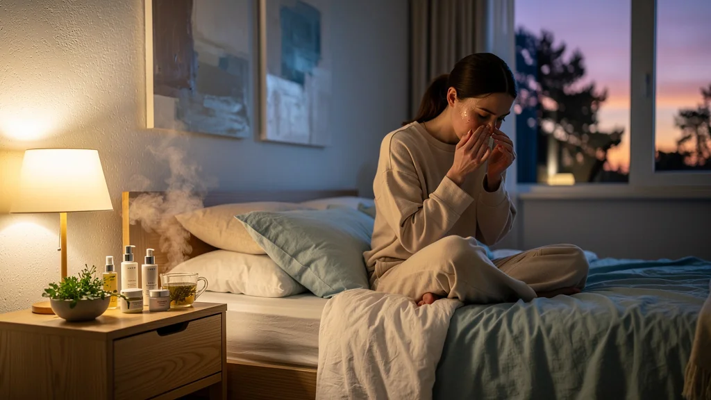 Femme effectuant un rituel de soin du visage avant le coucher, ambiance douce et peau préoccupée