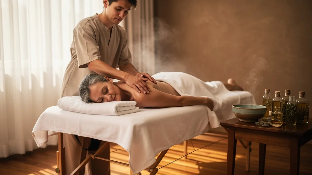 Femme recevant un massage lent et apaisant, illustrant la supériorité du toucher doux sur les actifs puissants