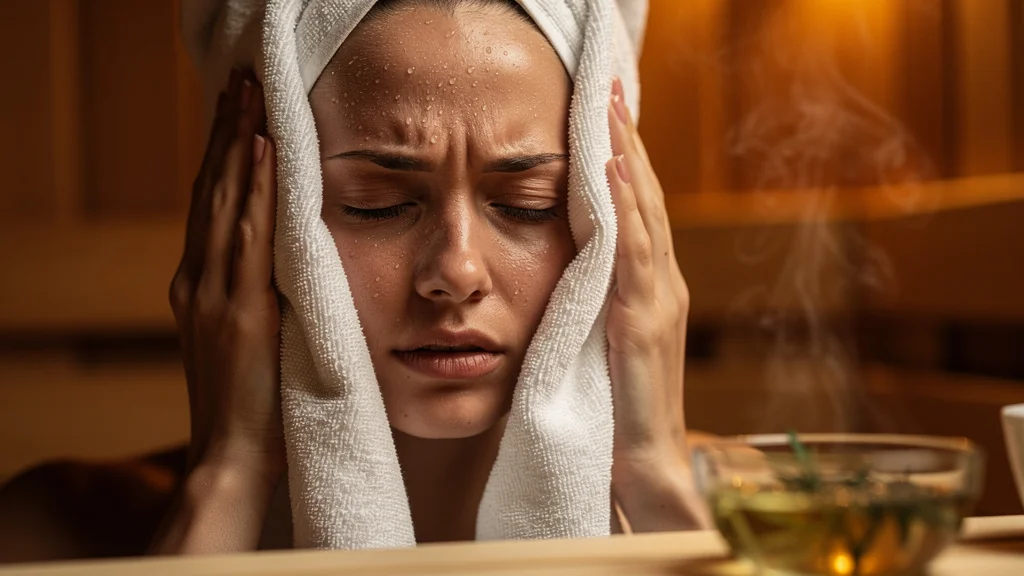 Femme recevant un soin facial serviette chaude dans un sauna au rendu ultra-réaliste et lumineux