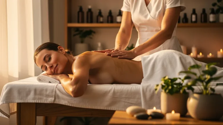 Femme recevant un massage relaxant, illustrant l’efficacité d’un massage naturel plutôt que des crèmes