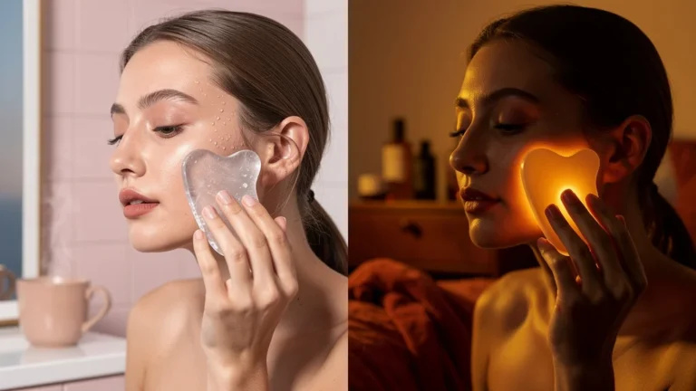 Test gua sha froid matin vs chaud soir sur visage, soin peau quotidien pendant un mois