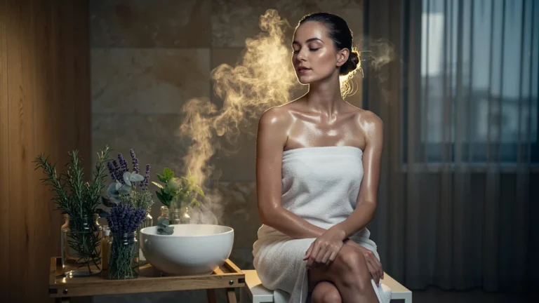 Femme réalisant un rituel vapeur aux plantes aromatiques trois fois par semaine pour bien-être