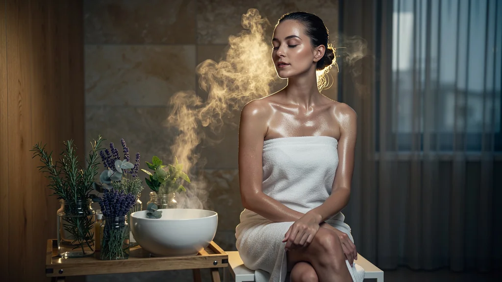 Femme réalisant un rituel vapeur aux plantes aromatiques trois fois par semaine pour bien-être