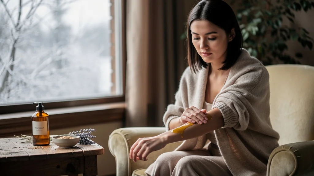 Femme pratiquant un automassage corps à l’huile de sésame en hiver dans une ambiance cocooning