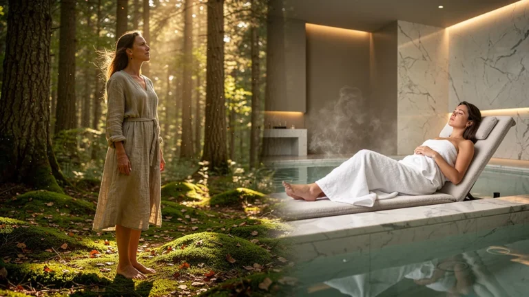 Femme entre bain de forêt et séance spa pour relâcher la pression, ambiance zen et contraste émotionnel