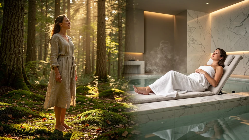 Femme entre bain de forêt et séance spa pour relâcher la pression, ambiance zen et contraste émotionnel