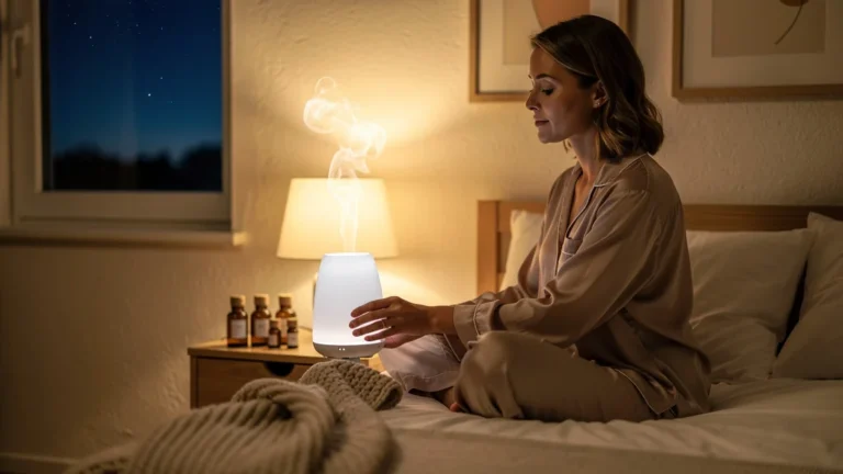 Femme utilisant un diffuseur d'huile essentielle le soir pour améliorer l'endormissement pendant un mois