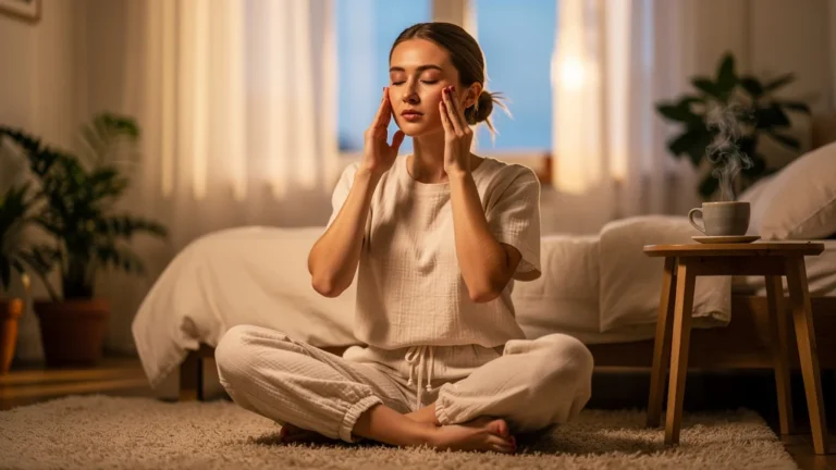 Femme pratiquant le yoga du visage cinq minutes chaque matin avant le café pour une peau éclatante
