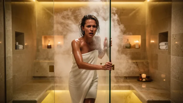 Femme surprise et gênée dans un hammam maison à la chaleur excessive, ambiance vapeur et chaleur intense