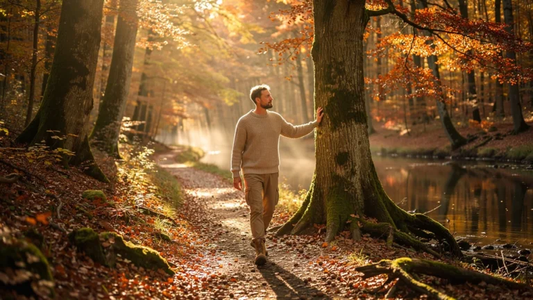 Marche lente en forêt d'automne, rituel détente naturel avec lumière dorée et feuillage coloré