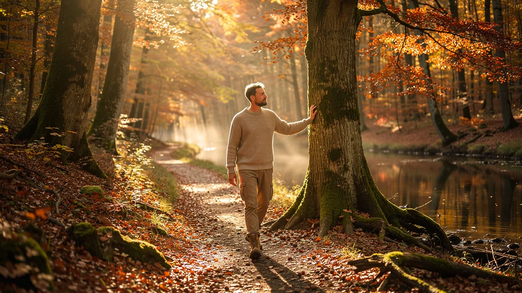 Marche lente en forêt d'automne, rituel détente naturel avec lumière dorée et feuillage coloré