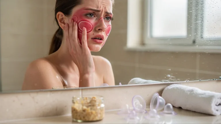 Jeune femme avec rougeurs sur le visage dues à une aspiration trop forte avec ventouses après un gommage maison