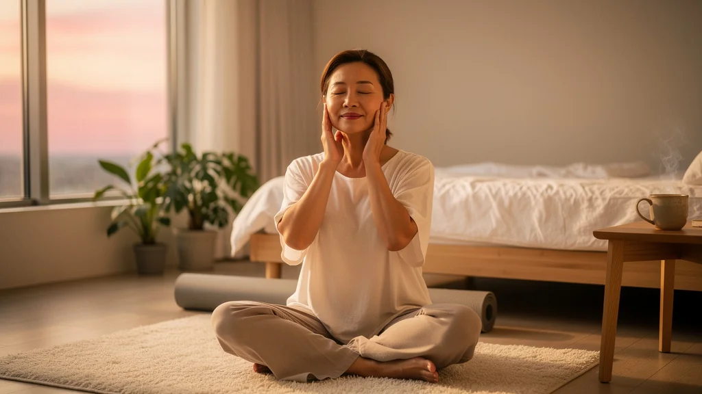 Femme détendant sa mâchoire crispée du matin grâce au yoga du visage au lever du soleil