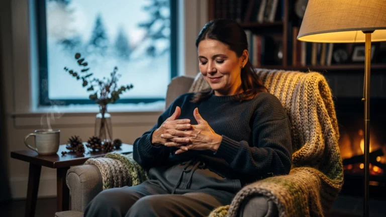 Femme se massant les mains chaque dimanche d'un hiver dans un intérieur chaleureux et lumineux