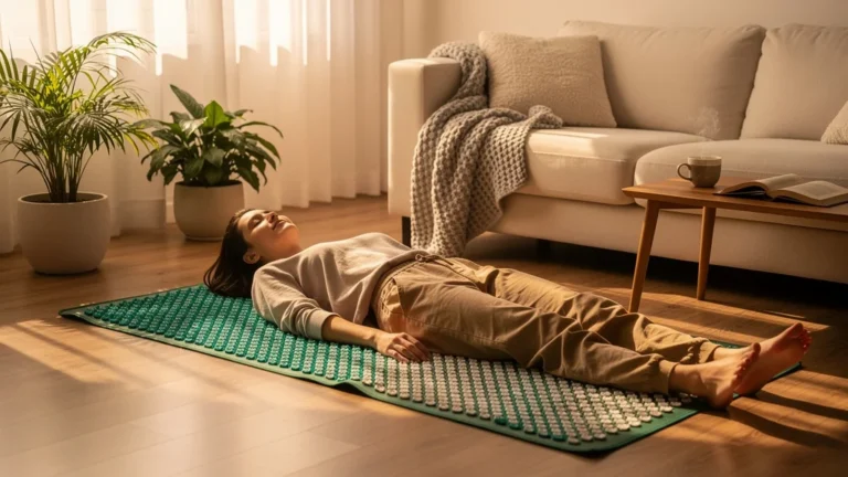 Femme détendue sur un tapis d'acupression en fin d’après-midi, remplaçant sa sieste habituelle