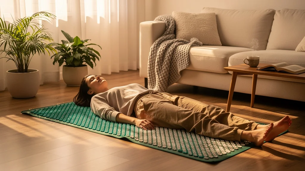 Femme détendue sur un tapis d'acupression en fin d’après-midi, remplaçant sa sieste habituelle