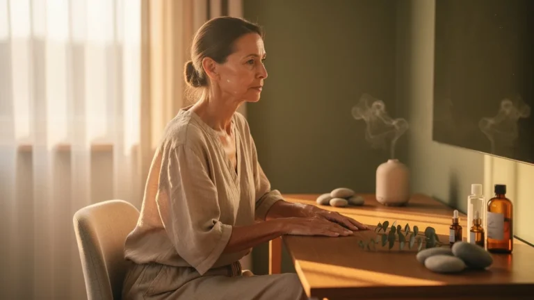 Femme adoptant le réflexe de ralentir avant chaque soin dans une ambiance zen et lumineuse