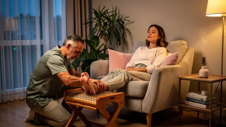 Femme détendue recevant une réflexologie plantaire apaisante le soir, soulagement du stress supérieur au massage