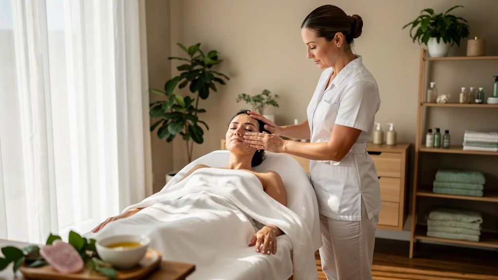 Comparaison Kobido et gua sha pour détendre les traits du visage en spa moderne et lumineux