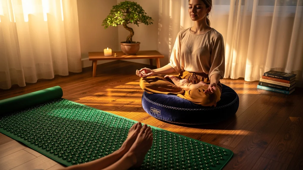 Comparaison hyperréaliste tapis d'acupression et coussin de méditation en usage quotidien