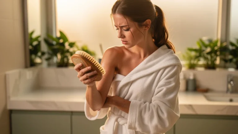 Femme pratiquant un brossage à sec doux sur le bras pour une peau saine et apaisée