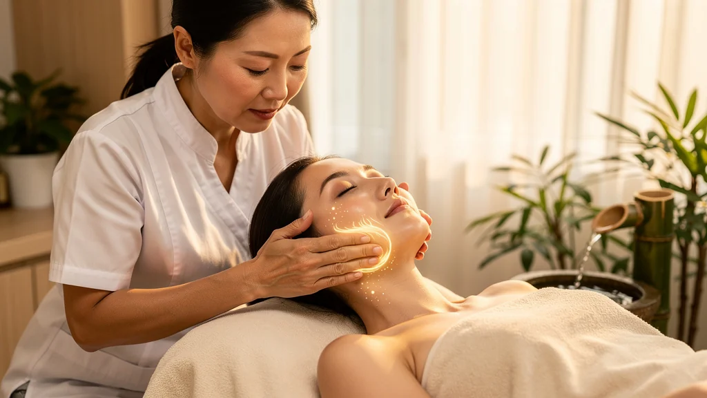 Femme recevant un massage kobido relaxant visage, détente supérieure au gua sha, spa naturel lumineux